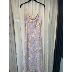 Altar'd State Lavender Floral Cowl Neck Satin Midi Slip Dress Rose Print Small